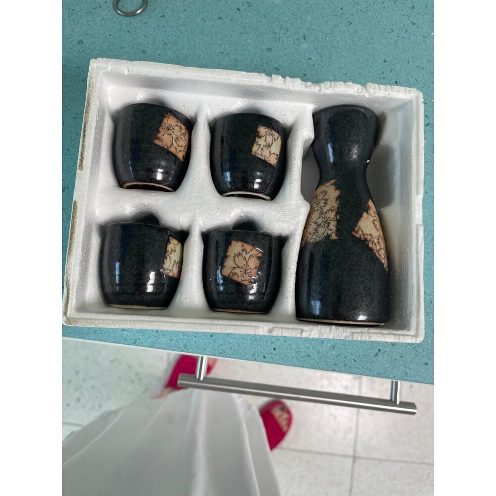 MCI Vintage Saki Set Black Ceramic Boxed Collections Japan